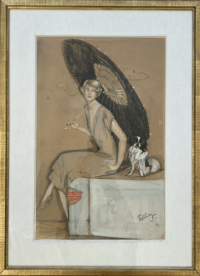 Jean – Gabriel DOMERGUE (1889 – 1962), « Elégante à l’ombrelle et au chien »