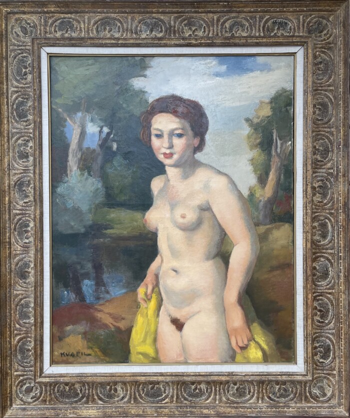 "Femme nue tenant un drapé jaune dans un paysage", Charles Kvapil (1884-1957)